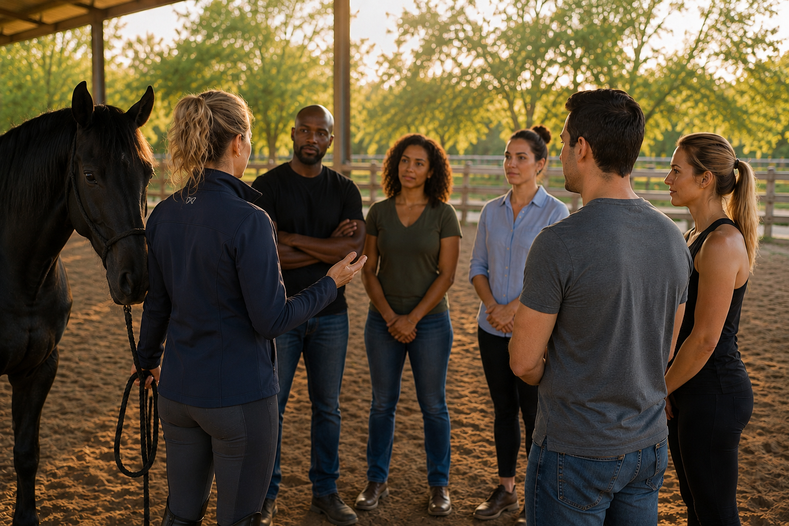 Facilitator working with a horse in the arena
